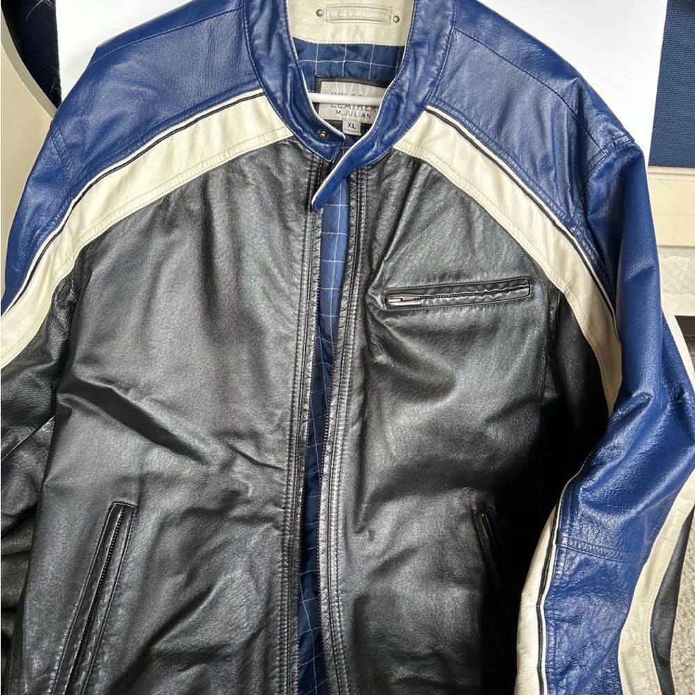 Andrew Marc Blue and Black Leather Bomber Jacket